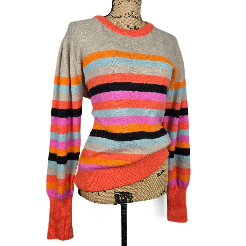 Ichi Industy LS11 Striped Puff Sleeve Sweater‎ Orange Pink Beige Medium 20120246